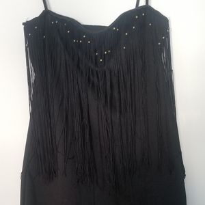 Little black dress with fringes and gold beads